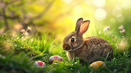 Easter landscape with bunny and colorful eggs.