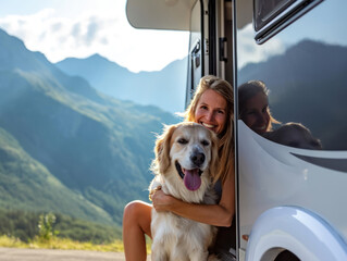 Portrait of smiling young woman hugging her dog in the camper van