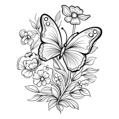 Butterfly with flowers illustration coloring page - coloring book