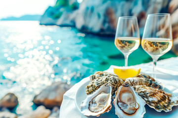 Croatian food. Fresh Oysters on white plate with lemon and and two glasses of white wine on blurred seascape background. Healthy seafood. Fresh Oyster in open air restaurant. Gourmet food. Copy space - obrazy, fototapety, plakaty
