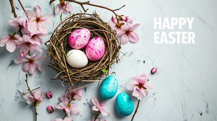 Happy easter banner background. Easter nest with eggs