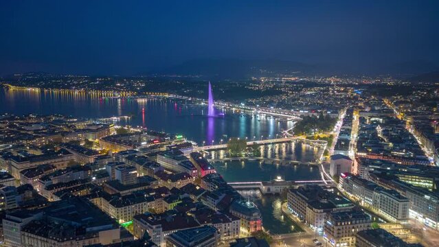Geneva, Switzerland skyline view towards the Jet d'Eau fountain in Lake Geneva
