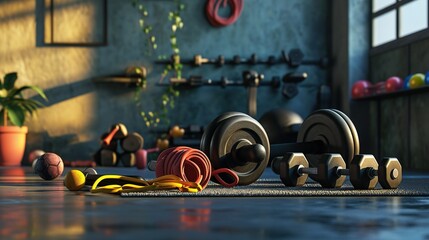 Fitness hall,fitness equipment, weights and resistance bands. Created with Generative Ai technology