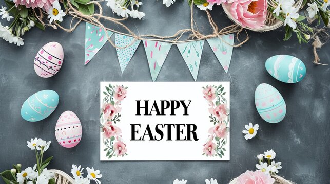 Happy easter banner background. Easter flowers with eggs