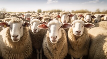 Flock of Sheep Staring Forward on a Sunny Day - obrazy, fototapety, plakaty