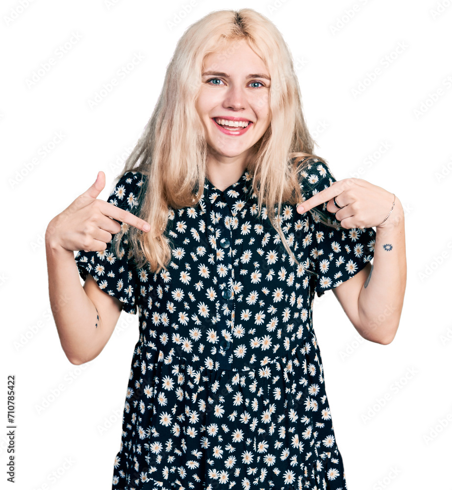 Wall mural Young caucasian woman together looking confident with smile on face, pointing oneself with fingers proud and happy.