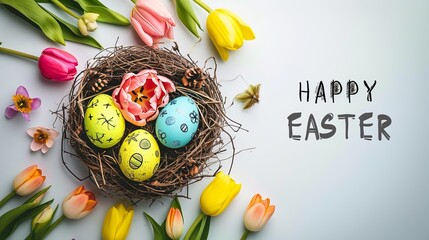 Happy easter banner background. Easter nest with eggs