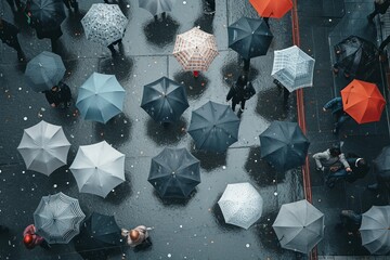 People with different umbrellas walk along a city street, top view. AI generative