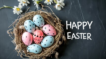 Happy easter banner background. Easter nest with eggs