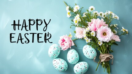 Happy easter banner background. Easter flowers with eggs