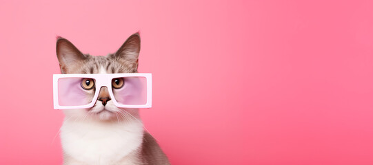 Cute cat in glasses sits on a pink background, free space for your text