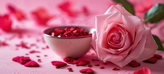 Elegant pink rose with petals and bowl of hearts for Valentine's Day. Romance and love.