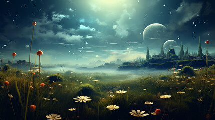 Naklejka premium a meadow of wild flowers under beautiful sundown