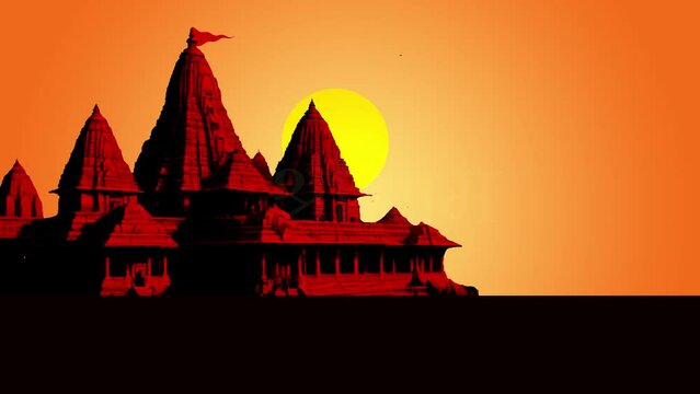 Jay Shri Ram! Vector animation of Ram Mandir (temple) in the background. Festival greetings and wishes.