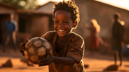 A young African boy joyfully plays with a handmade soccer ball in a dusty village. Generative AI - obrazy, fototapety, plakaty