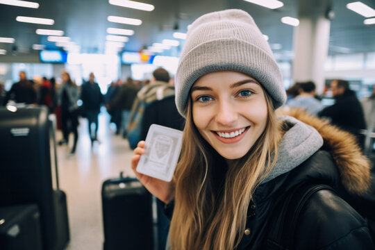 A happy young woman tourist holds a travel ticket in her hands, stands at the airport or train station, waiting in line to register. Free travel concept
