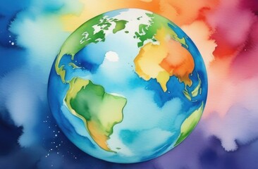 Obraz na płótnie Canvas Earth, globe, watercolor, earth day, clean planet, ecology, free space for text, colorful background