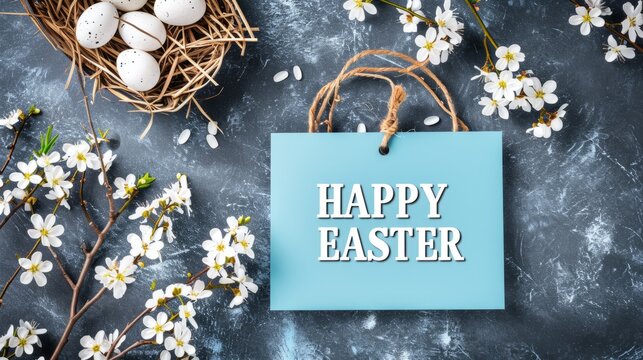 Happy easter banner background. Easter eggs with flowers