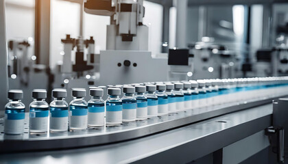 Medical vials on production line at pharmaceutical factory, Pharmaceutical machine working