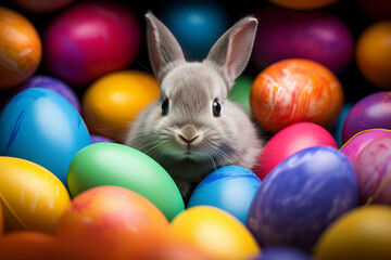 Fototapeta na wymiar Cute hare rabbit sits near a basket with colorful eggs on the eve of Easter celebrations against blurred bright background