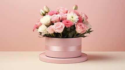 a beautiful bouquet of flowers arranged, a perfect gift for holidays, birthdays, weddings, or Mother's Day, the floral arrangement in a hat box with a minimalist modern composition.