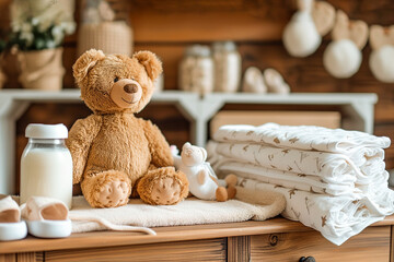 A toy bear, a stack of towels and baby supplies on a changing table. Side view, space for text.