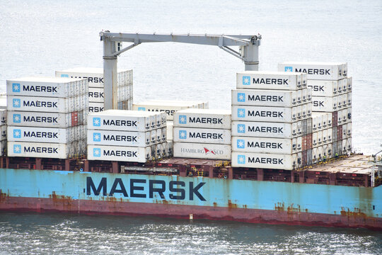 Hamburg, Germany - August 24, 2023:  Maersk Containers in Hamburg, Germany. Maersk is the largest container shipping company in the world