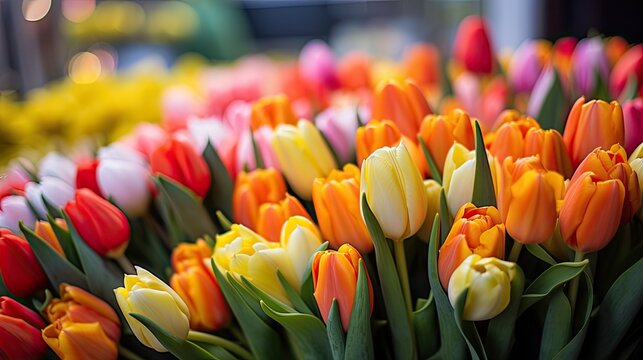 colourful fresh tulips for sale in a flower market in Amsterdam, Netherlands, Europe, in a minimalist modern style, emphasizing the beauty of the tulips against a clean and contemporary backdrop.