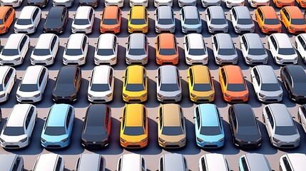 Fototapeta premium a row of many unbranded cars for sale in a used car lot, a composition in a minimalist modern style, focusing on the simplicity and orderliness of the car display.