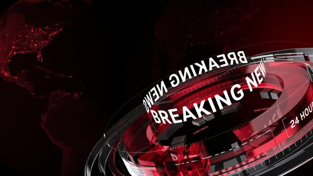 global earth rotating Digital World News Studio Background for news report and breaking news, red theme 3d rendering