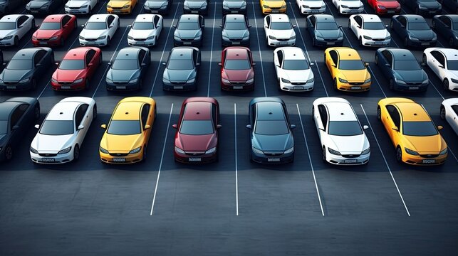 a row of many unbranded cars for sale in a used car lot, a composition in a minimalist modern style, focusing on the simplicity and orderliness of the car display.