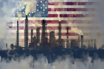 Grungy US flag integrated with a polluting fuming factory - Generative AI - obrazy, fototapety, plakaty