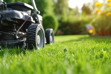 Lawn mower cutting green grass in backyard, mowing lawn - obrazy, fototapety, plakaty