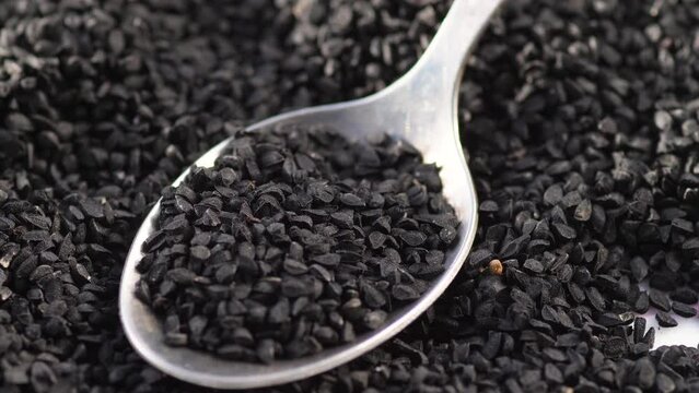 spoon in a pile of black cumin seeds rotation. macro black cumin seeds.asian spices.black cumin harvest