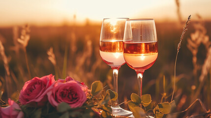 Rose wine tasting, glass of rose wine poured from bottle outdoors in garden party in vineyard, ripe grapes on wooden table, sunlight, harvest time, copy space - obrazy, fototapety, plakaty