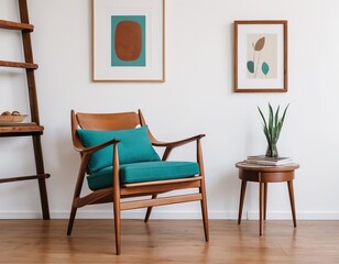 Wooden chair with teal cushion against white wall with art poster frame. Mid-century style home interior design of modern living room.