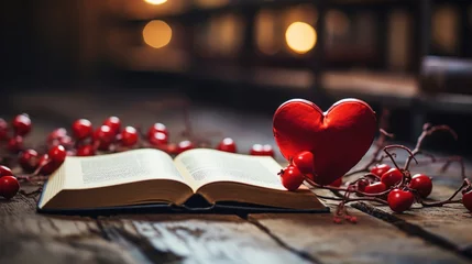 Fototapeten red hearts and open book on wooden table © alexkich