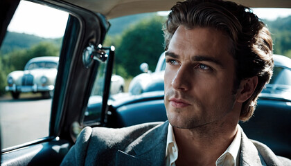 Elegance and Nostalgia - A Man in Classic Attire Sitting in a Vintage Car