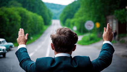 Man in Suit Embracing Freedom on an Open Road with Vintage Car Nearby
