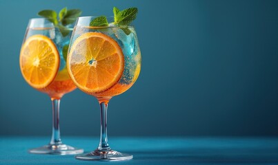 Fototapeta premium Blue background with blue transparent drink with ice.