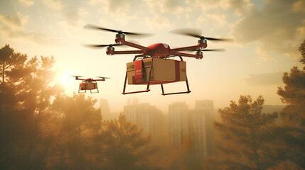 Fototapeta na wymiar Drone with a box against the backdrop of a cityscape at sunset, delivering goods using drones.