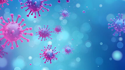 Microscopic detailed image of a virus for children..Illustration Pink viruses and bacteria on a blue background with copy space. Microbiology for children