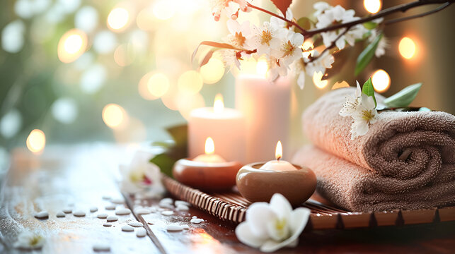 Luxury spa resort with candles, towels and stones against the backdrop of an outdoor pool in the rays of the setting sun. relaxing background with copy space.