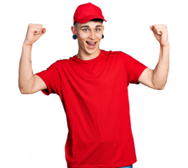 Young caucasian boy with ears dilation wearing delivery uniform and cap screaming proud, celebrating victory and success very excited with raised arms
