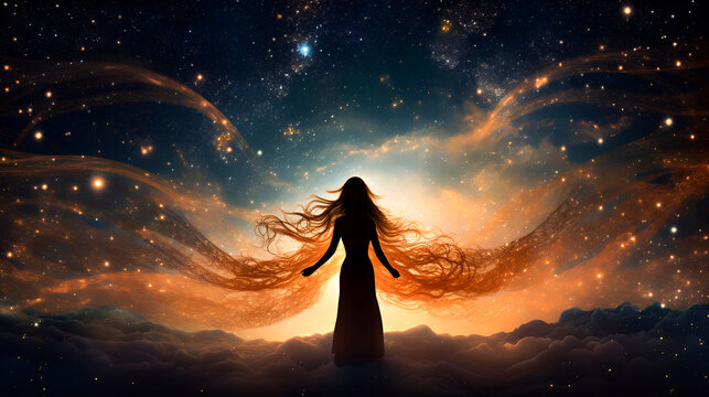 Woman's silhouette within the cosmic expanse, surrounded by the outer space of galaxies and the effulgent energy stream. Symbolizes the concept of feminine vitality