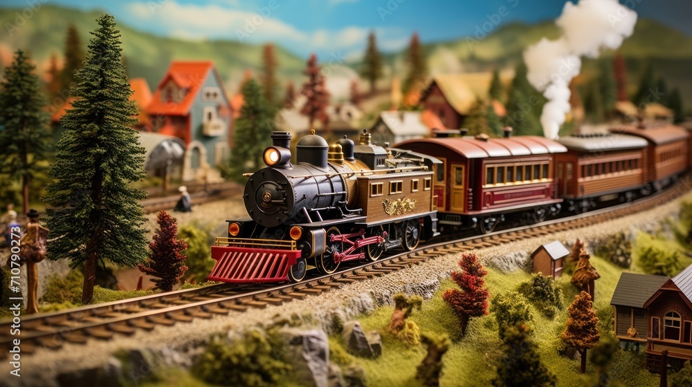 Poster a model train on a train track with trees and houses on the side of the track and a mountain in the 