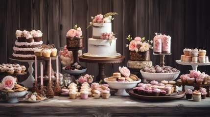 Obraz na płótnie Canvas a table topped with lots of different types of cakes and cupcakes on top of cakes and muffins.