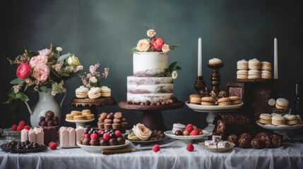 Obraz na płótnie Canvas a table topped with cakes and desserts next to a vase of flowers and a vase of flowers on top of a table.