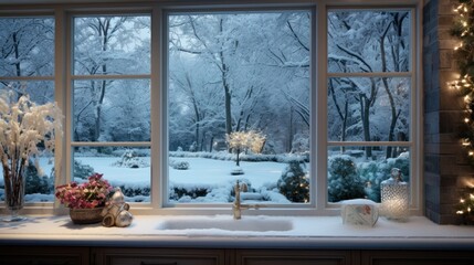 a kitchen window with a view of a snow covered yard and trees outside of the window, with christmas lights on the windowsill.