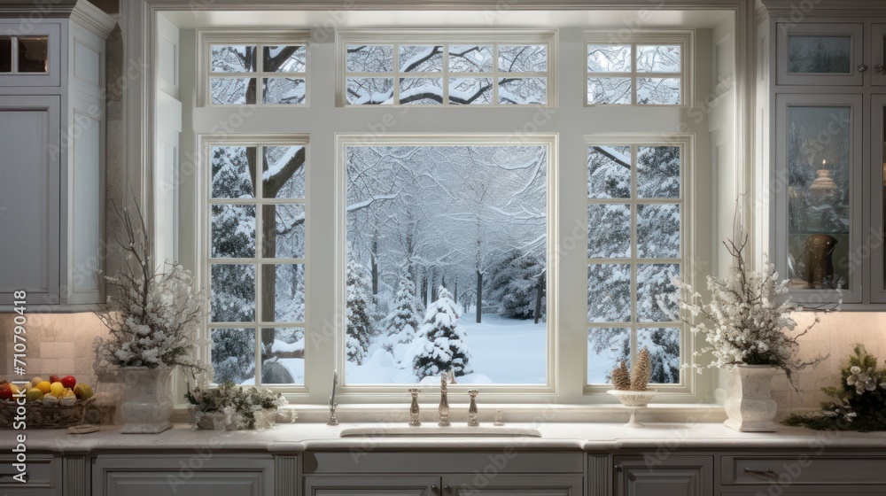 Poster a kitchen filled with lots of counter top space and a large window covered in frosted trees and snow